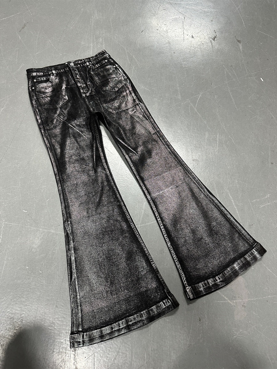 Foil Print Wax Coating Stretch Washed Flare Denim Jeans WN15779