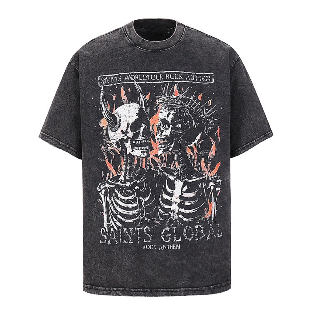 Skull Print Washed Oversize Short Sleeve T-Shirt WN24419