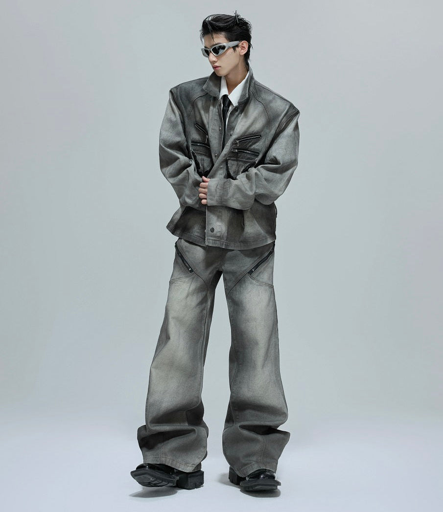 Washed Shoulder-Pad Denim Jacket & Zipper Flare Denim Jeans Setup WN21760