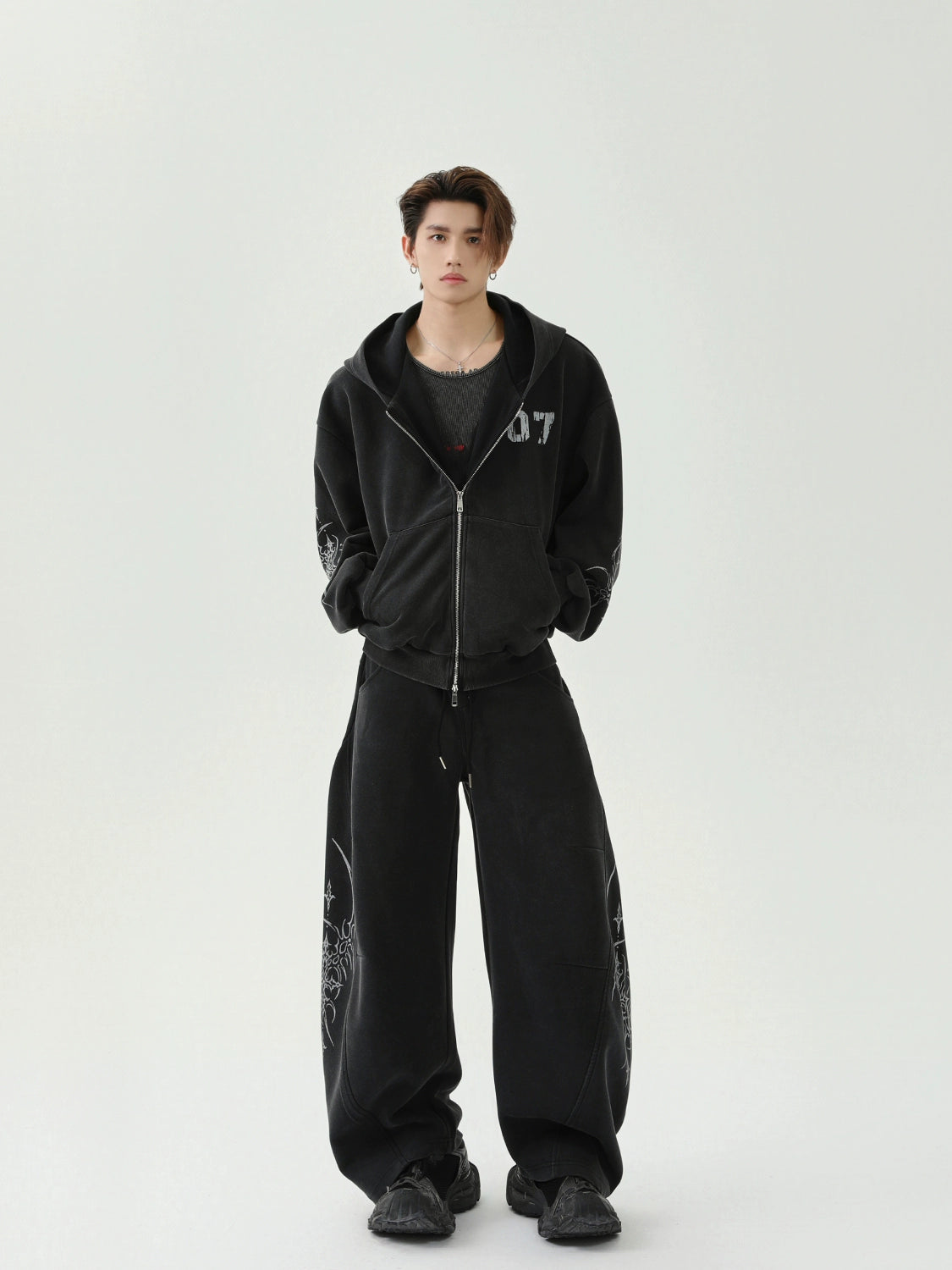 Double Zipper Embroidery Hoodie & Wide Leg Swaetpants Setup WN16285