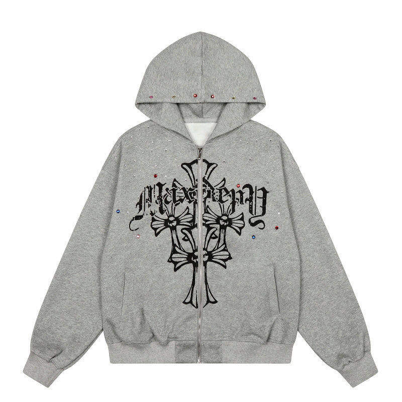 Goth Print Rhinestone Oversize Zipper Hoodie WN24258