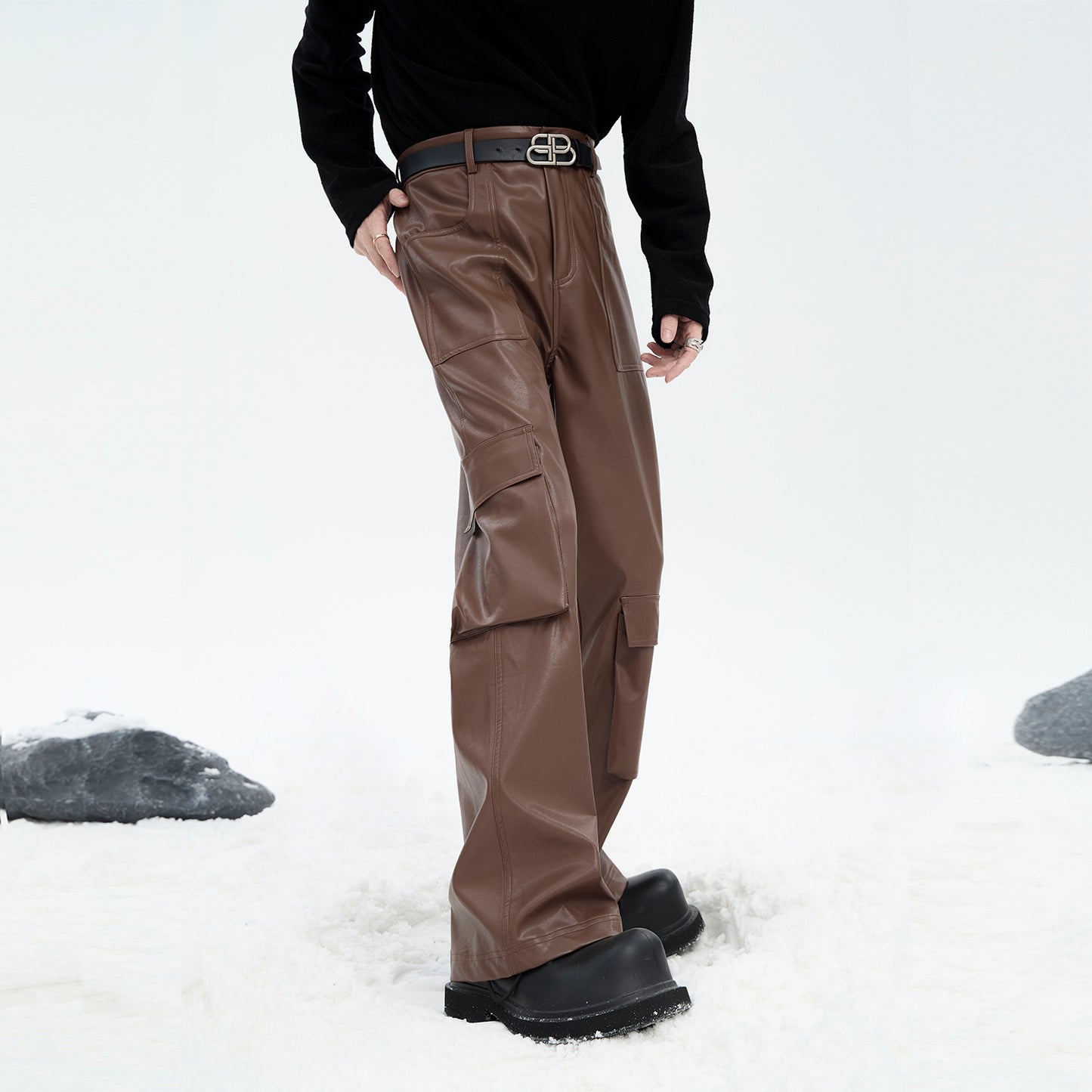 3D Pocket PU Leather Micro Flare Pants WN15478