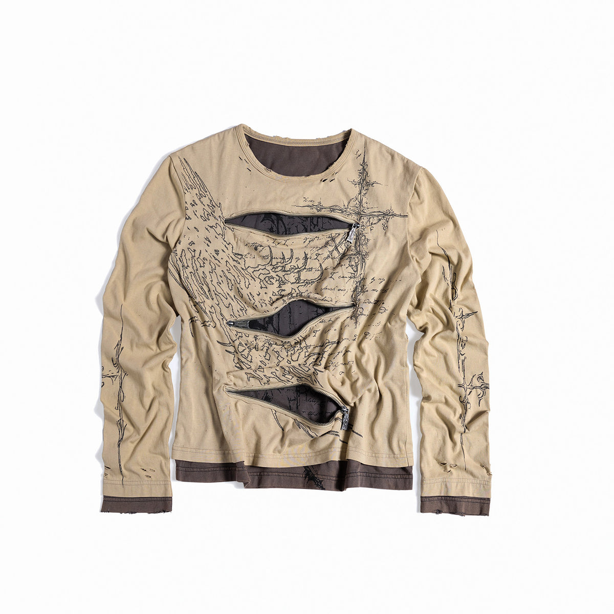 Manuscript Print Zipper Cutout Fake Layered Long Sleeve T-Shirt WN27461