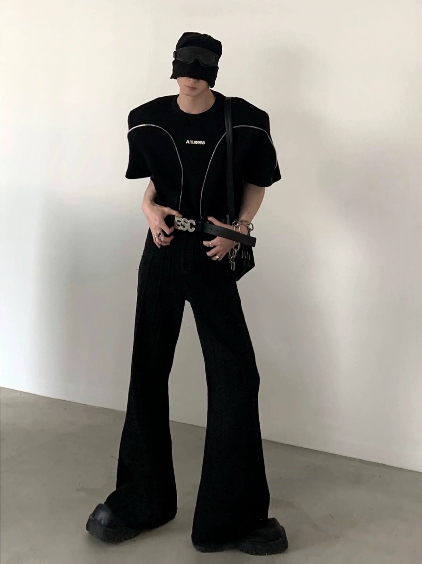 Metal Zipper Design Shoulder Pad Short Sleeve T-Shirt WN5966