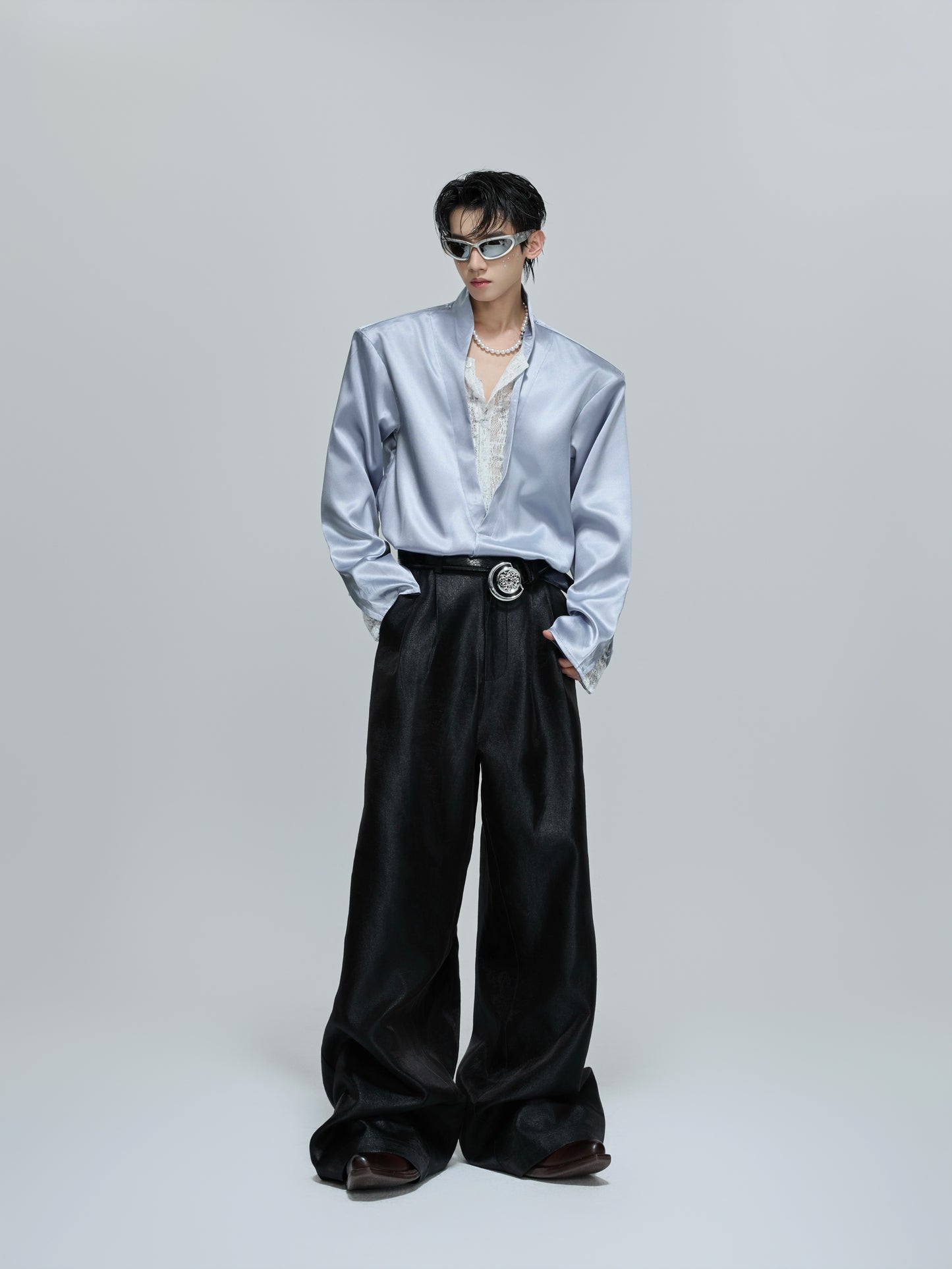 Fake Layered V-Neck Lace Satin Long Sleeve Shirt WN21712