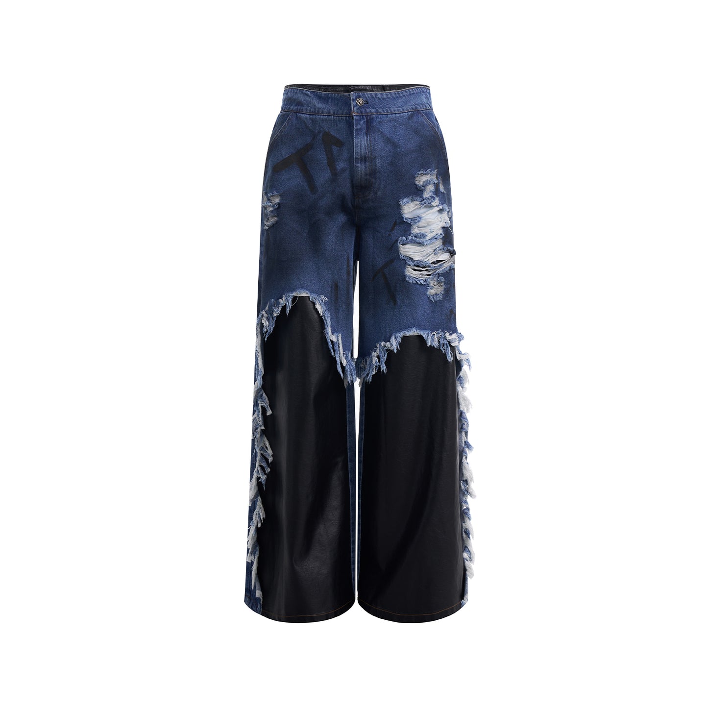 Fake Layered PU Leather Mix Straight Denim Jeans WN14869