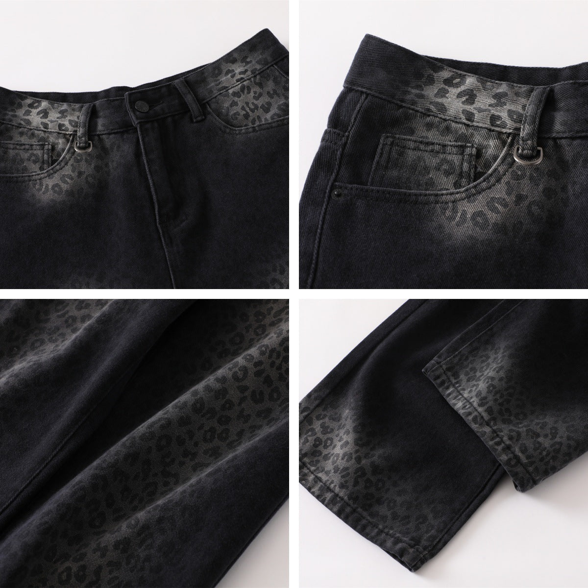 Leopard Print Design Wide-Leg Denim Jeans WN15089