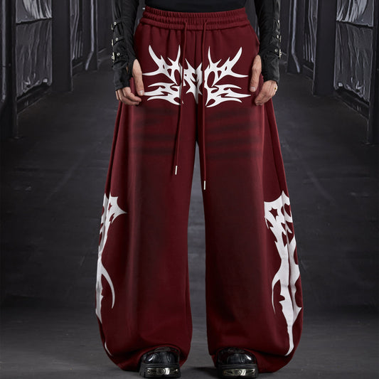 Totem Print Color Block Wide Leg Curved Leg Swewatpants WN22816