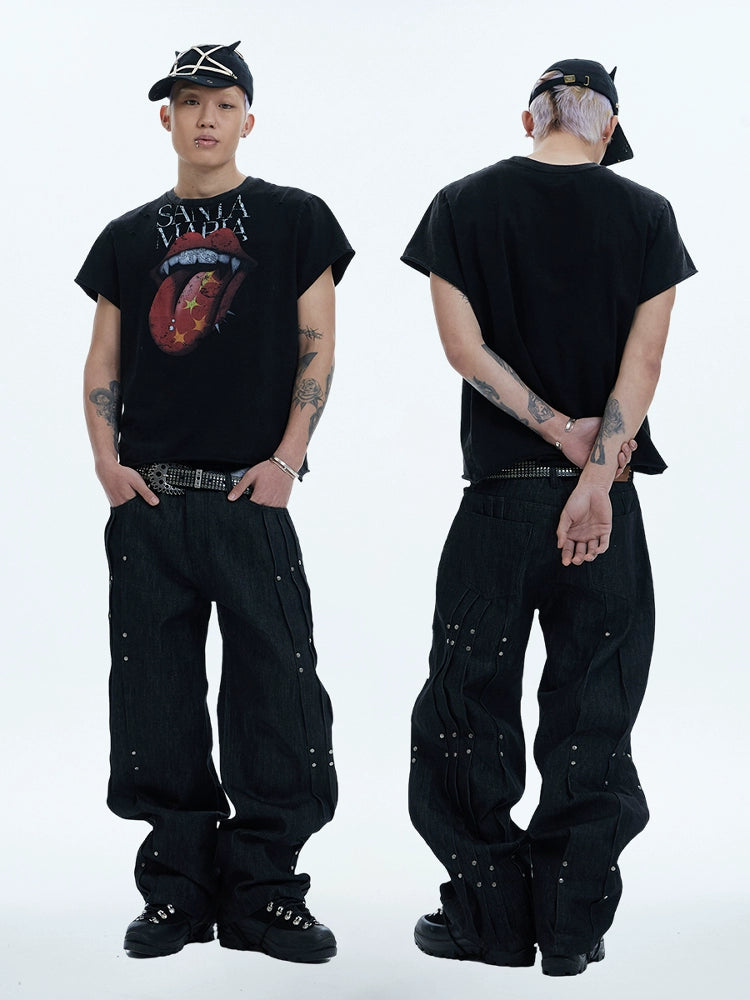 Rolling Stones Tongue Print Rolled Sleeve Washed Short Sleeve T-Shirt WN17061