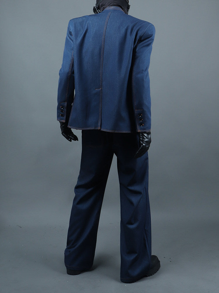 Standing-Collar Fake Layered Denim Jacket & Washed Wide Leg Denim Jeans Setup WN23757