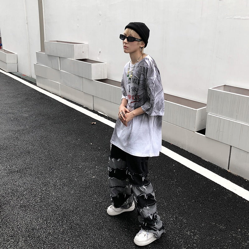 Wide-leg Patchwork Ring Damage Denim Jeans WN18280-K