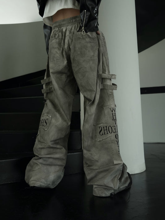 Dirty Dye Patchwork Print Wide Leg Cargo Pants WN27837