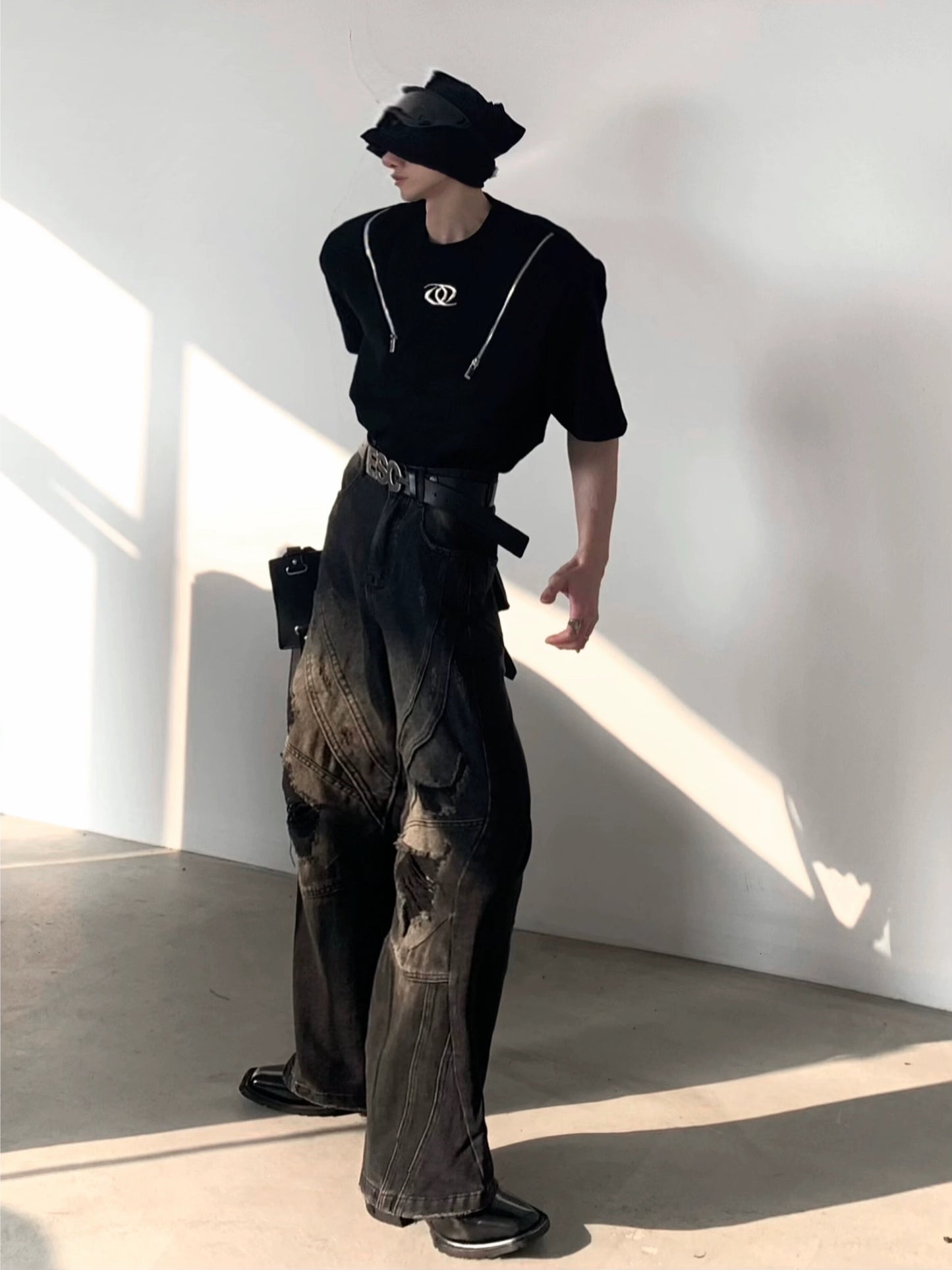 Double Zipper Design Shoulder Pad Short Sleeve T-Shirt WN5980