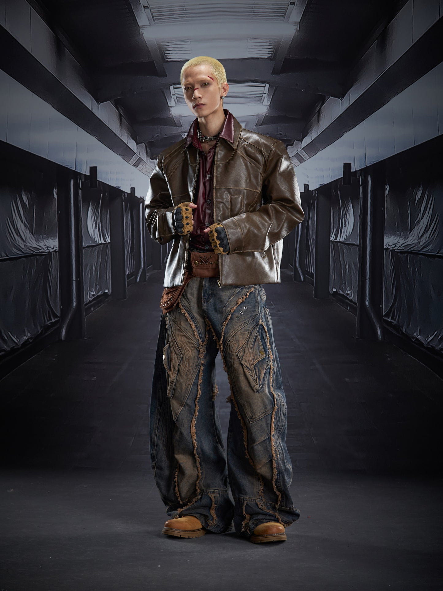 Washed Damage Short PU Leather Jacket WN22788