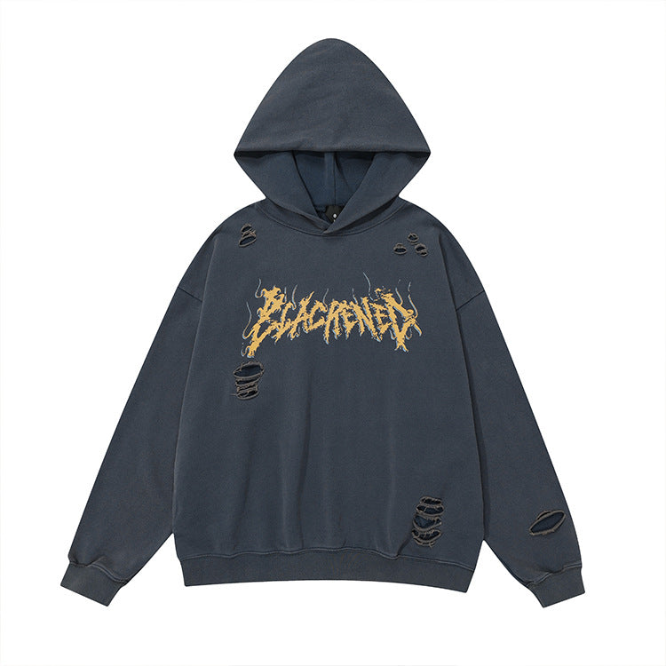 Washed Damage Fleece Linning Pullover Hoodie WN12552