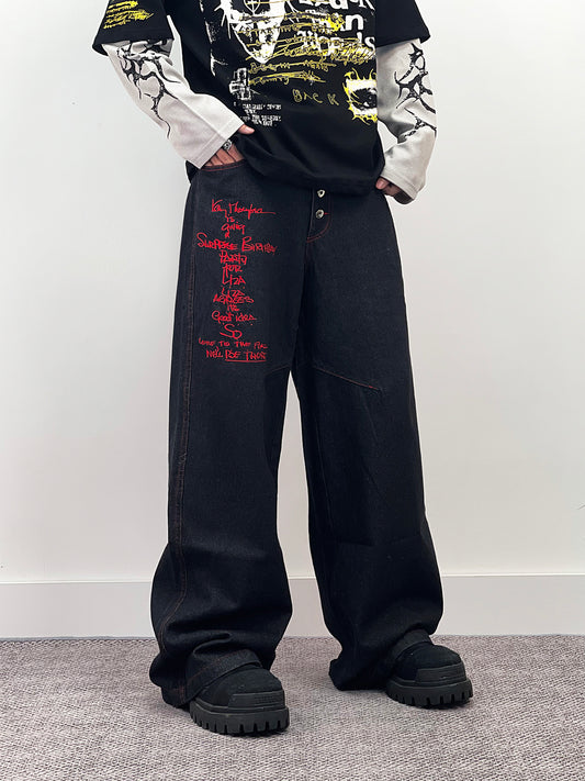 Cross Letter Embroidery Straight Denim Jeans WN24270