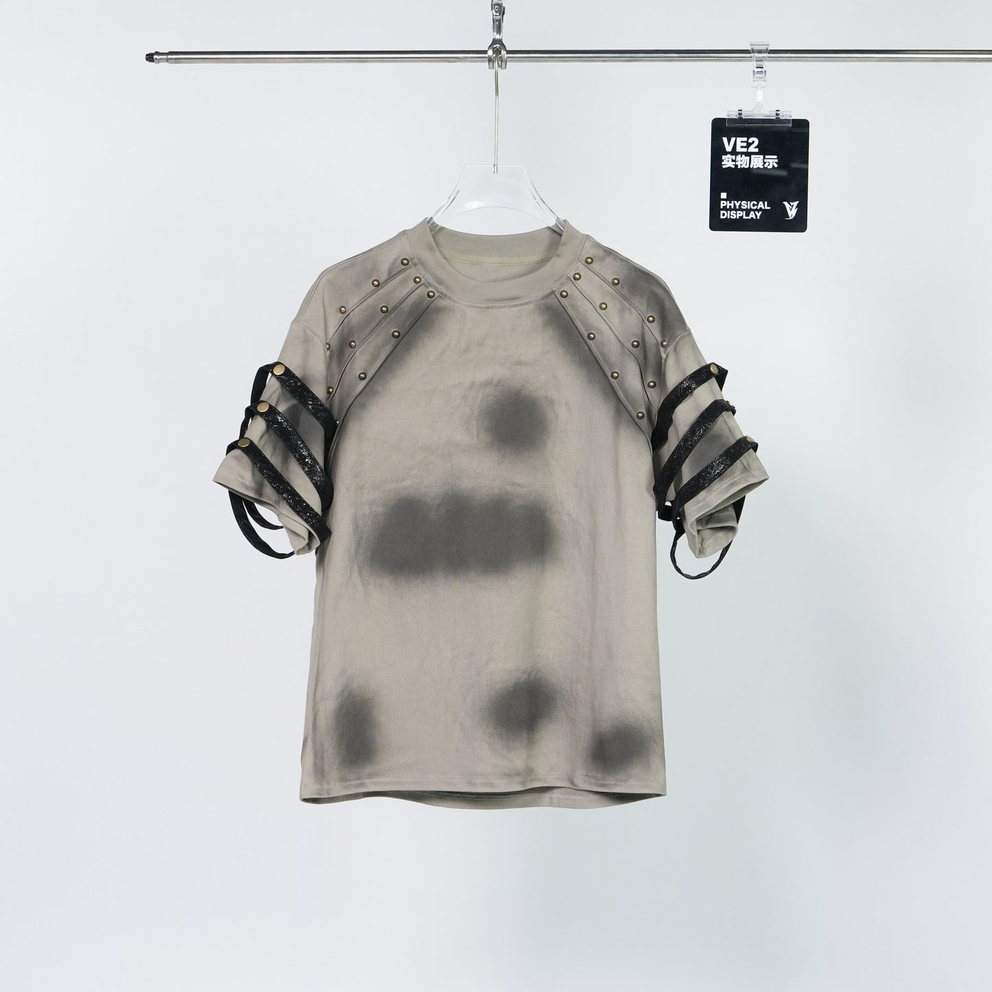 Washed Damage Studs Detail Strap Short Sleeve T-Shirt WN24315