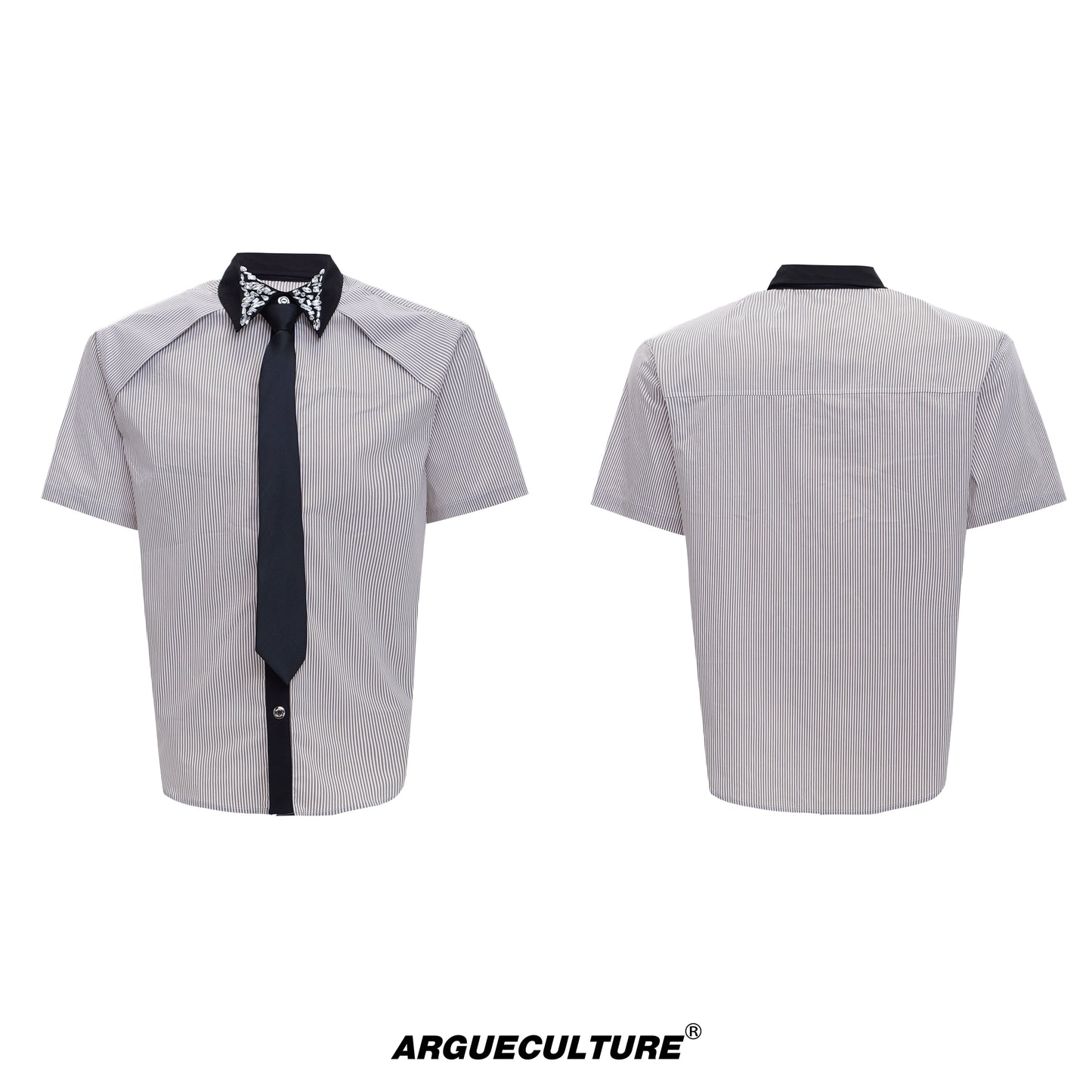 Rhinestone Stripe Two-Tone Patchwork Short Sleeve Shirt WN18373