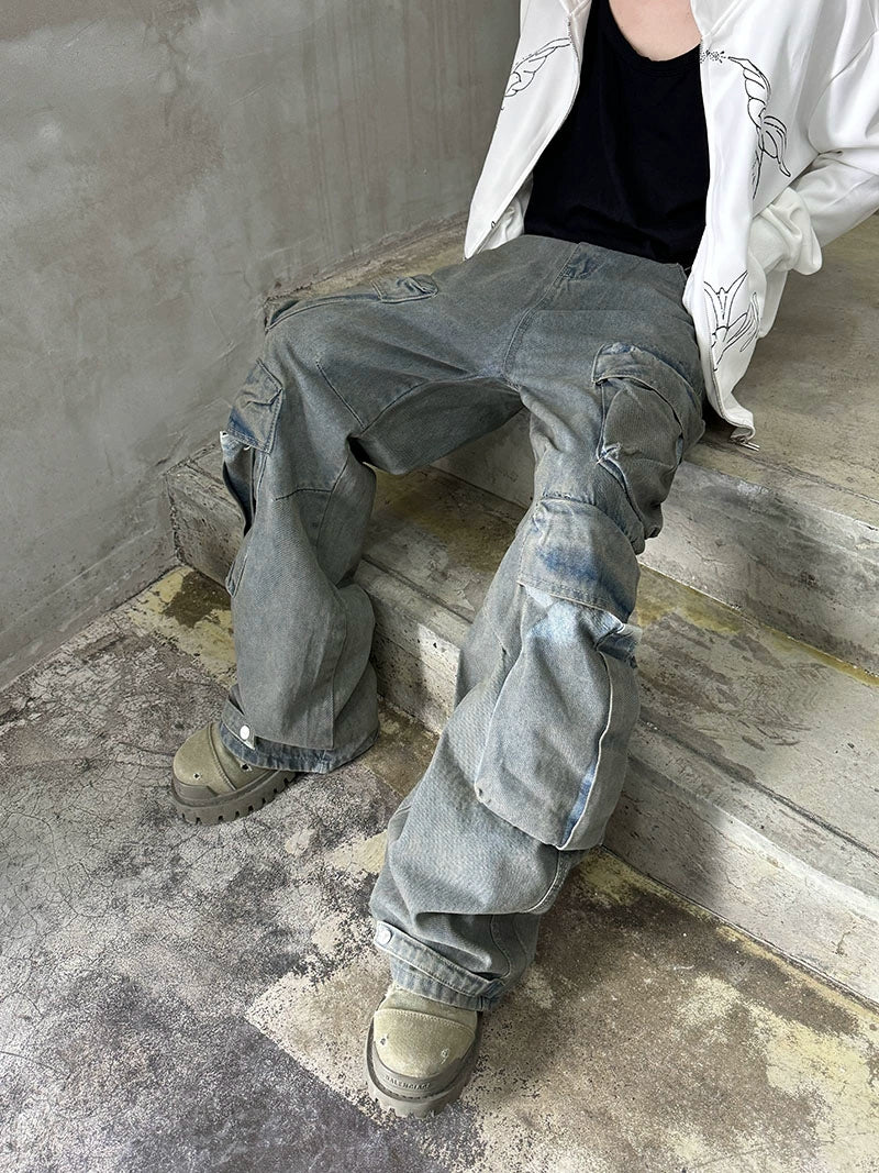Dye Washed Multi-Pocket Straight Cargo Denim Jeans WN21167