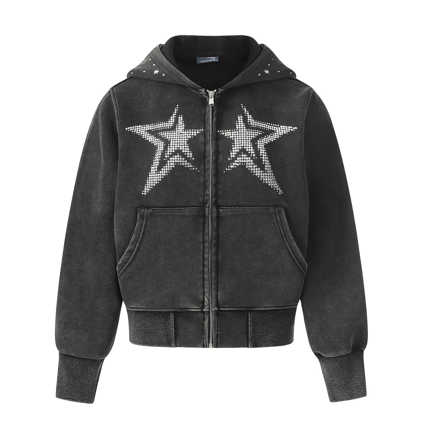 Star Rhinestone Washed Zipper Hoodie WN23580