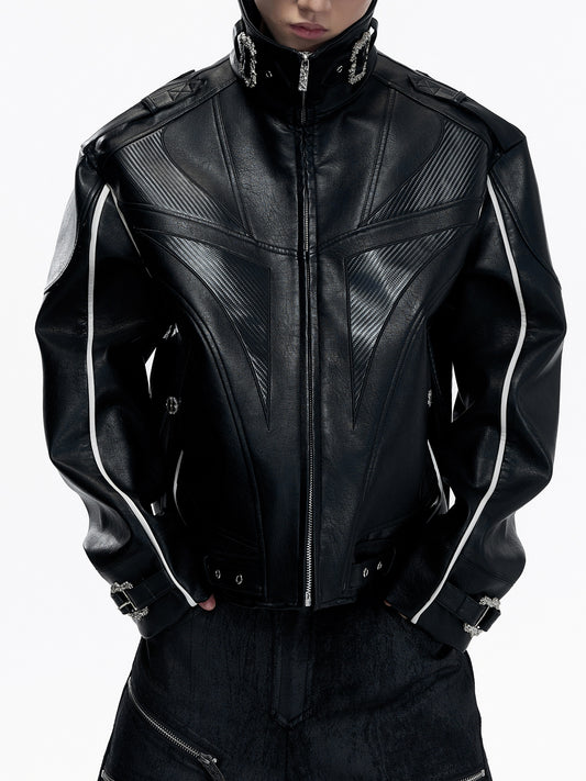 Heavyweight Button Carbon Fiber PU Leather Jacket WN23552