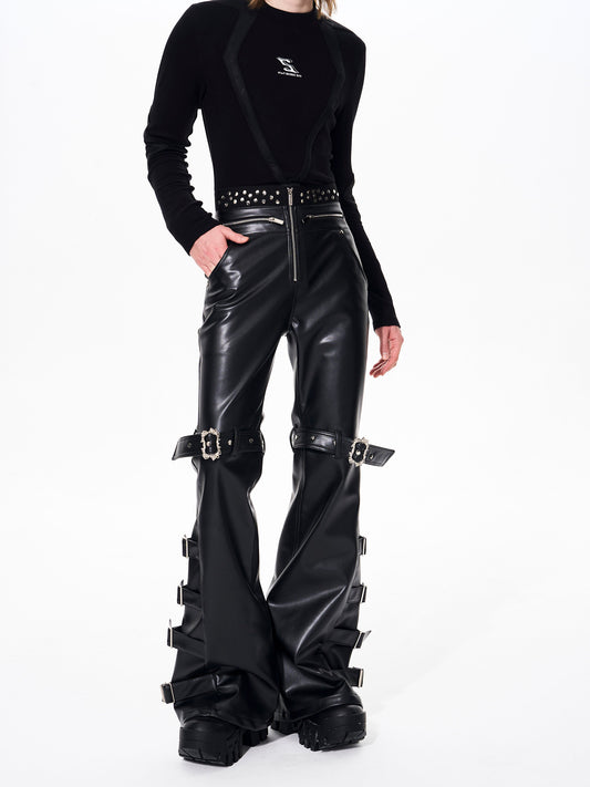 PU Leather Flare Metal Rivet Buckle Pants WN23258