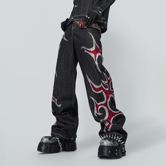Rinestone Design Denim Jacket & Rinestone Design Wide Leg Pants Setup WN24296