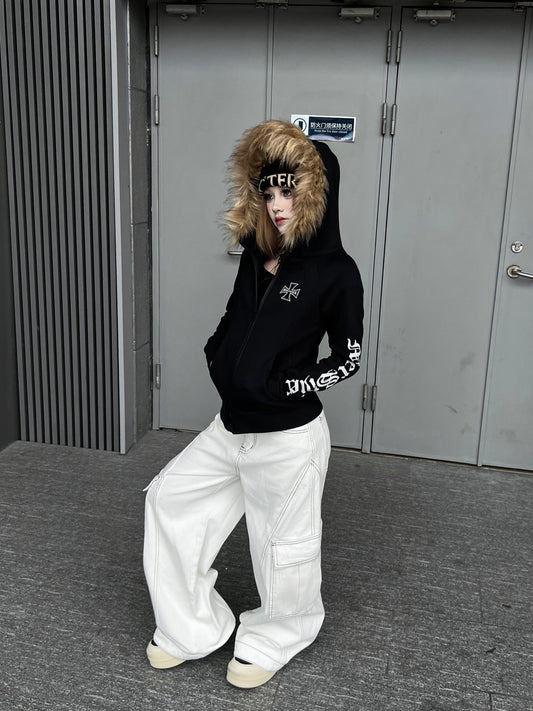 Fake Fur Collar Cross Print Hoodie WN24177