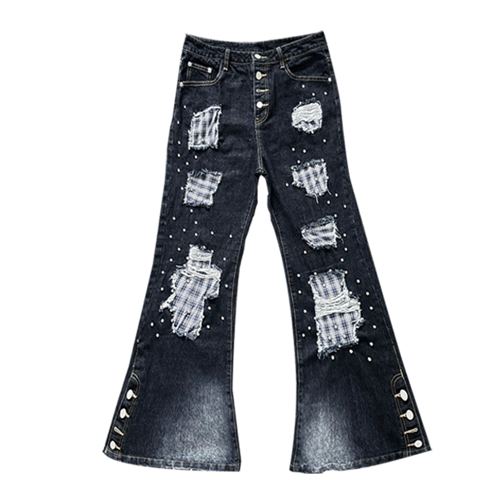Hole Plaid Studs Flare Denim Jeans WN20909