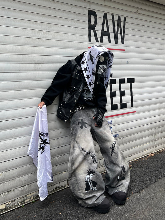 Graffiti Print Damage Wide Leg Denim Jeans WN24112