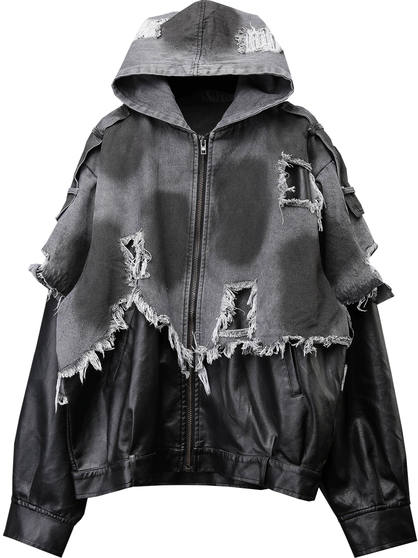 Damage Raw Edge Mix Patch PU Leather Denim Jacket WN22316