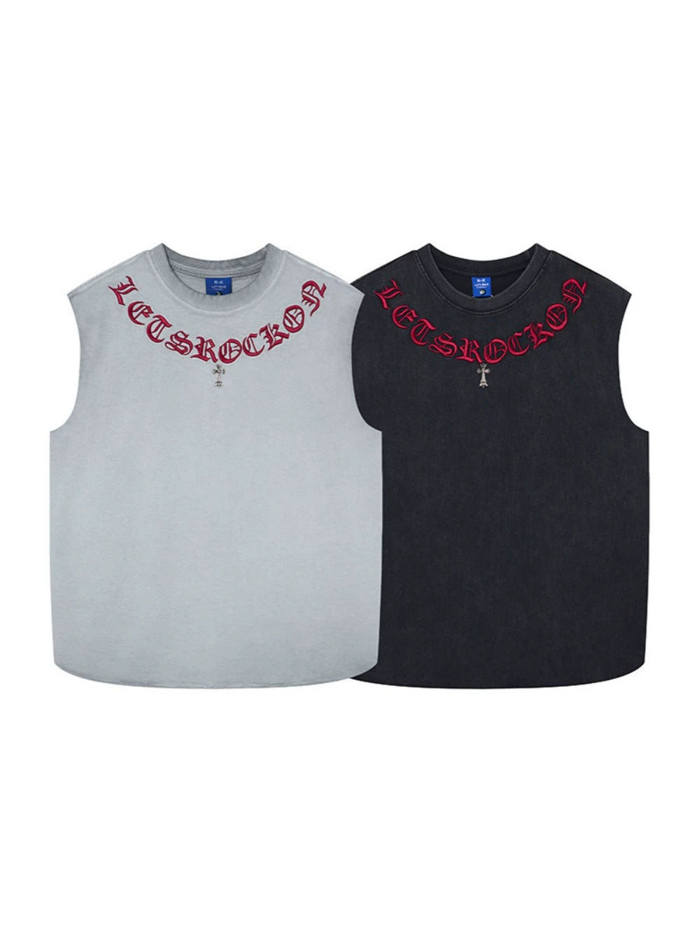 Washed Gothic Letter Embroidery Sleeveless T-Shirt WN27947