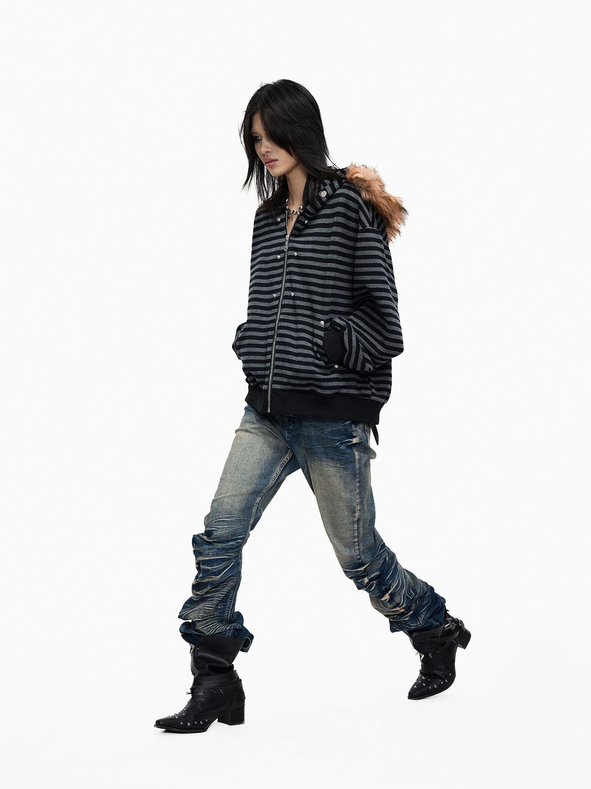 Fur Collar Stripe Oversize Zipper Hoodie WN27336