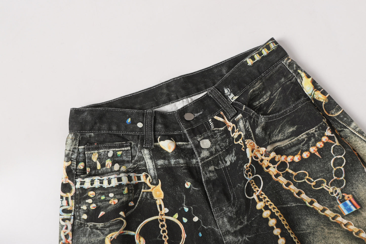 Chain Paint 3D Print Washed Wide Leg Denim Jeans WN25475