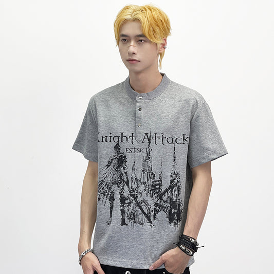 Graphic Art Print Henley Short Sleeve T-Shirt WN24280