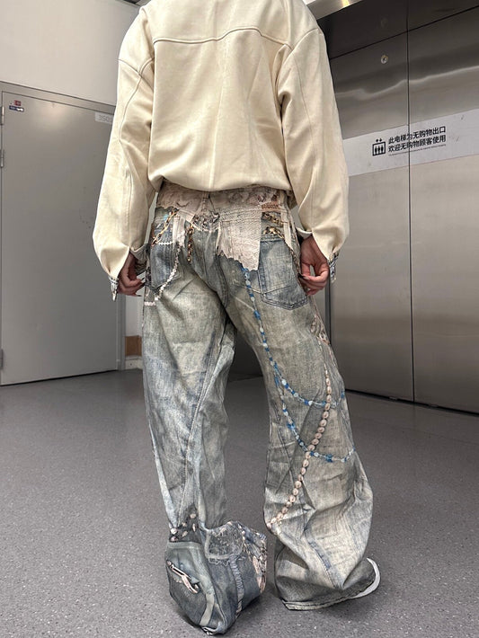 Lace Pearl Chain Print Wide Leg Denim Jeans WN24117