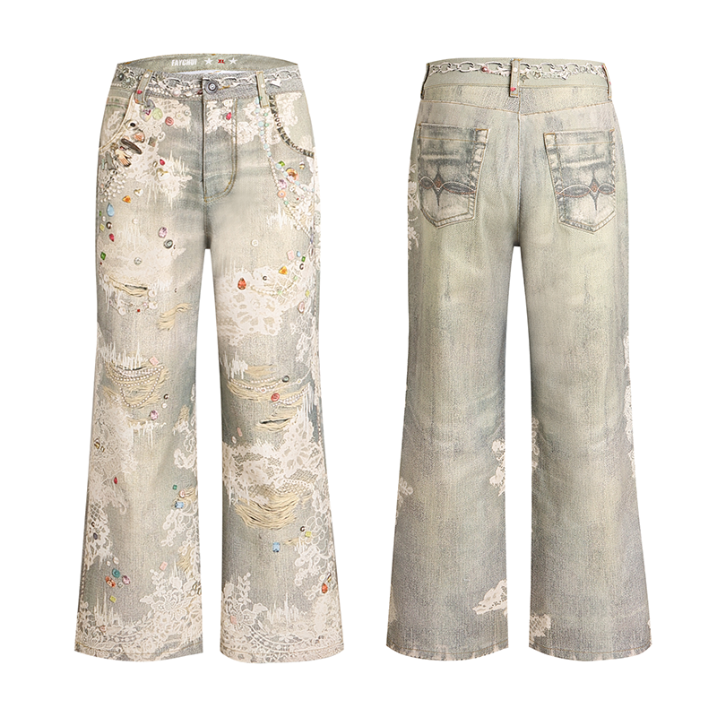 Digital Lace Print Wide-Leg Straight Denim Jeans WN17037