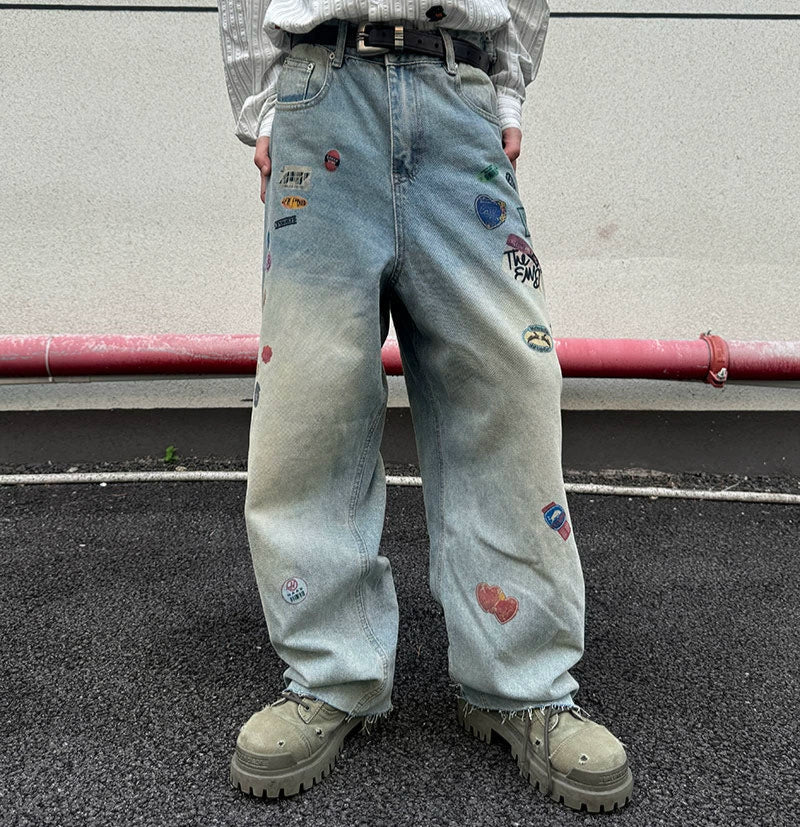 Embroidery Patch Damage Wide Leg Denim Jeans WN21158