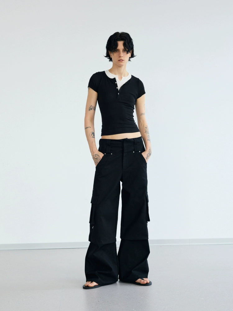Double Waistband Multi-Pocket Wide Leg Cargo Pants WN18247