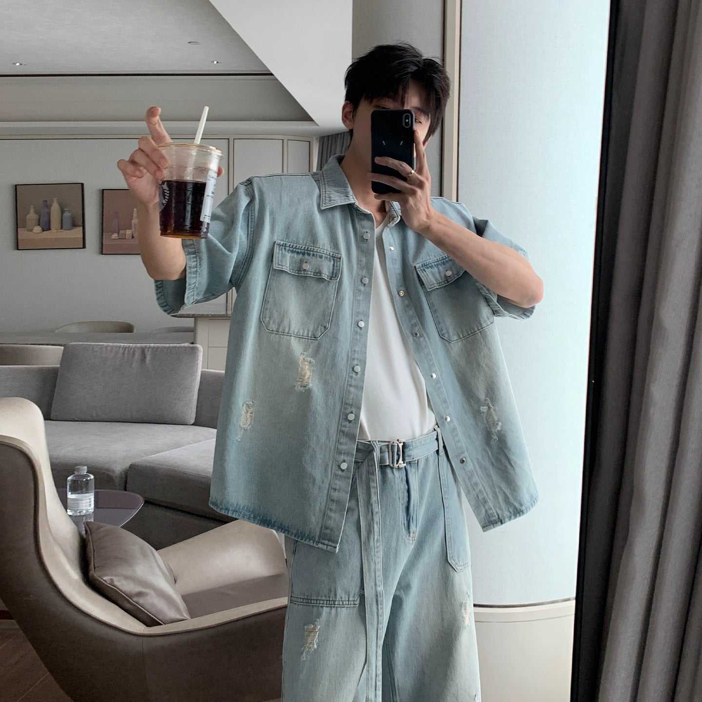 Damage Denim Short Sleeve Shirt & Denim Jeans Setup WN20423