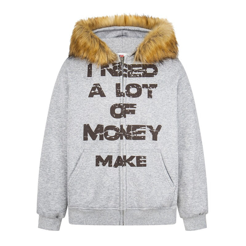 Letter Detachable Fake Fur Fleece Lining Hoodie WN24252