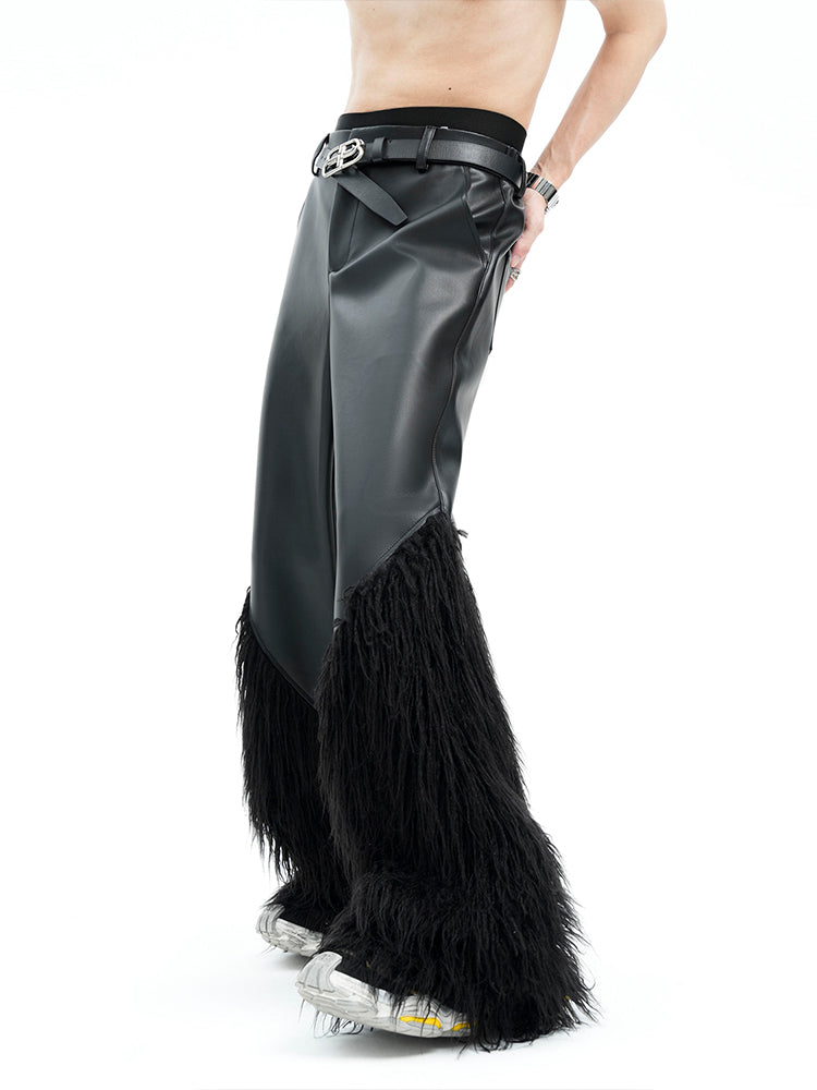 Fake Fur Patchwork PU Leather Wide Leg Pants WN15477