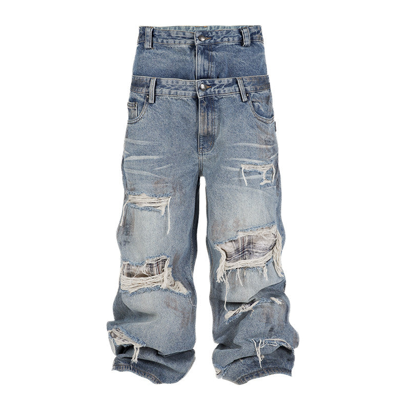 Wide Leg Damage Double Waist Denim Jeans WN26640