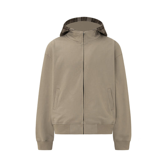 Heavyweight Washed Fake Layered Plaid Zipper Hoodie WN26175