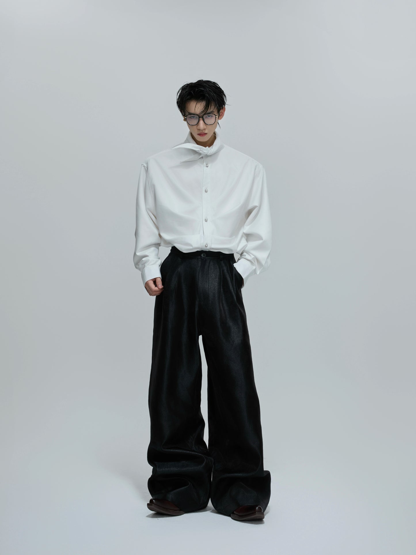 Deconstructed Pleats Scarf Collar Long Sleeve Shirt WN21697