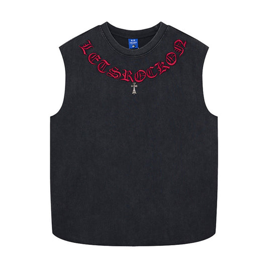 Washed Gothic Letter Embroidery Sleeveless T-Shirt WN27947