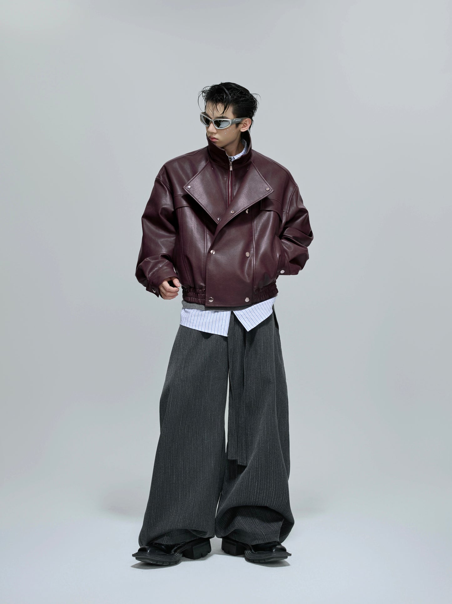 Deconstructed Fake Layered Button PU Leather Short Jacket WN21688