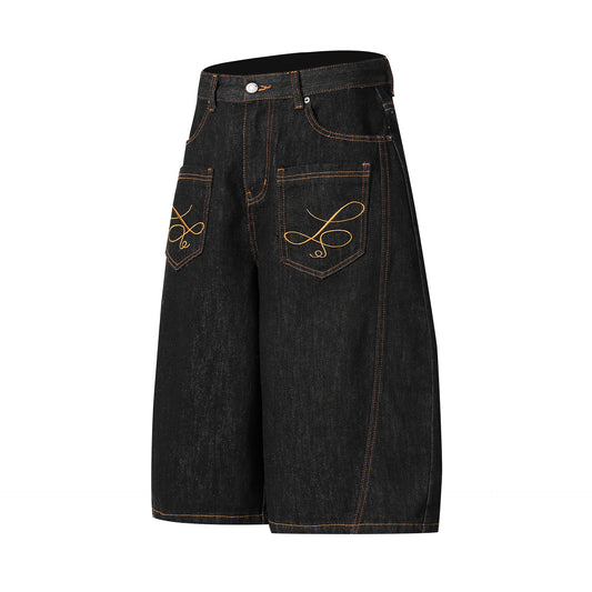 Embroidery Wide Leg Half Denim Jeans Pants WN26089