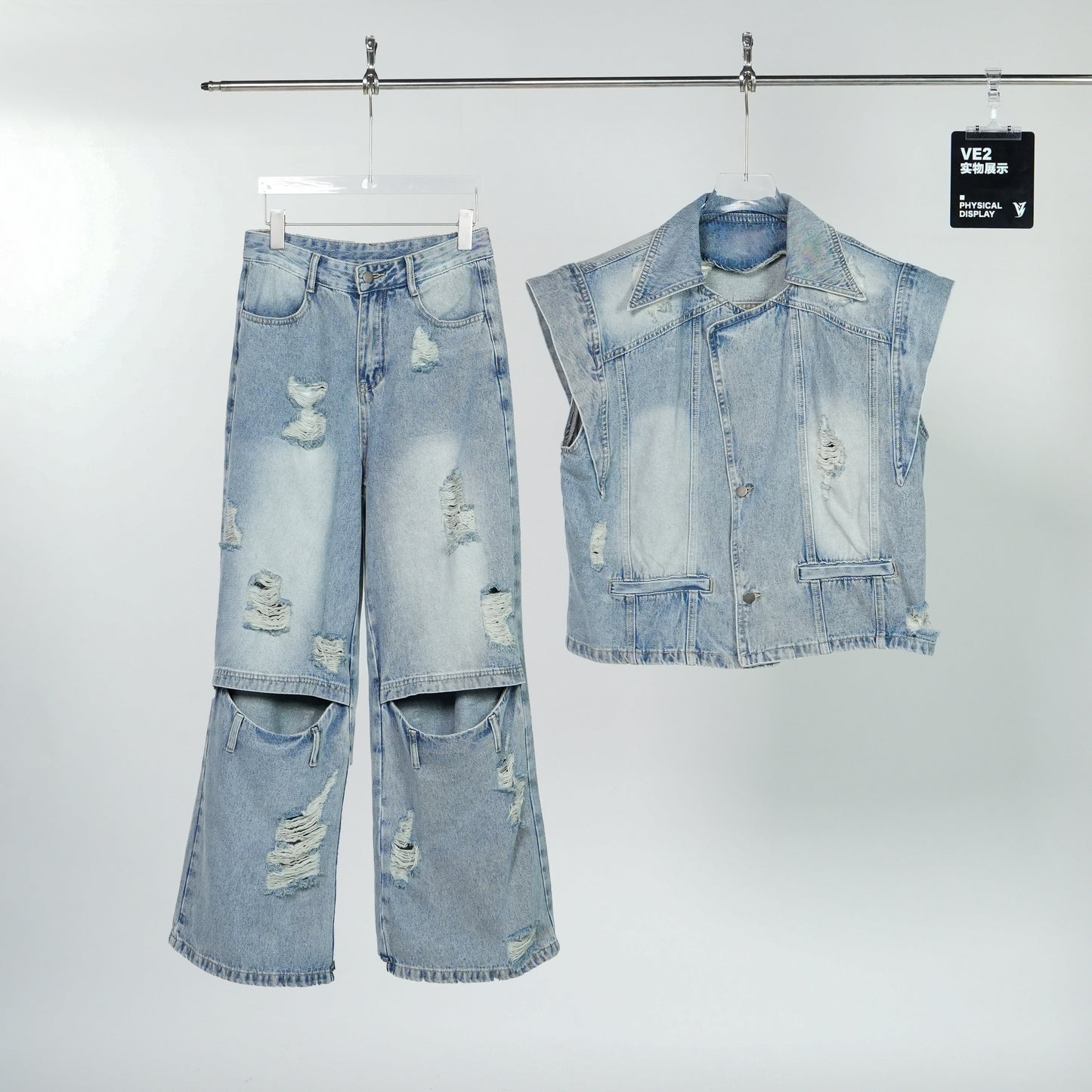 Damage Washed Sleeveless Denim Jacket & Cutout Wide Leg Denim Jeans Setup WN24303