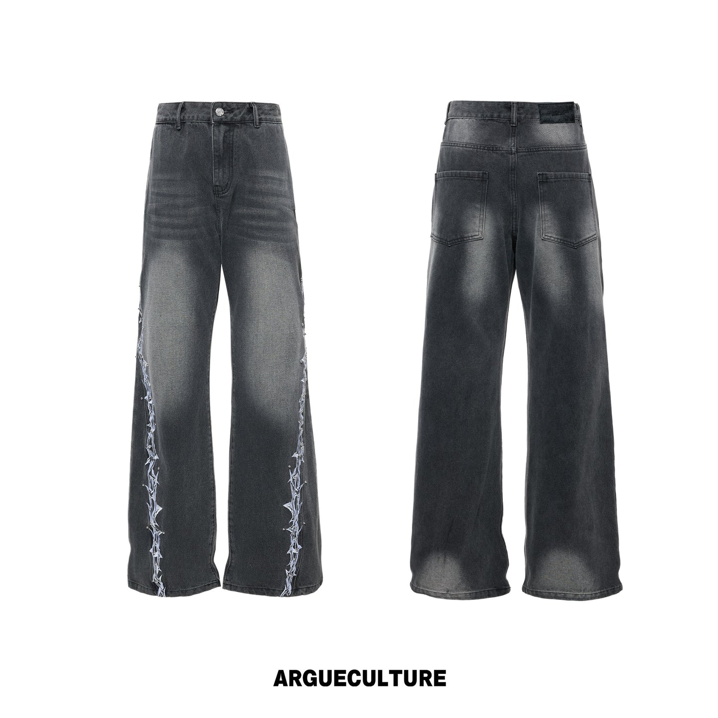 3D Embroidery Rivet Wash Wide Leg Denim Jeans WN26978